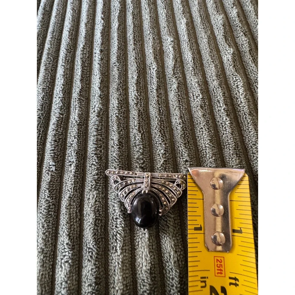 Vintage‎ Art Deco 925 Silver Black Onyx Marcasite Brooch Pin Statement